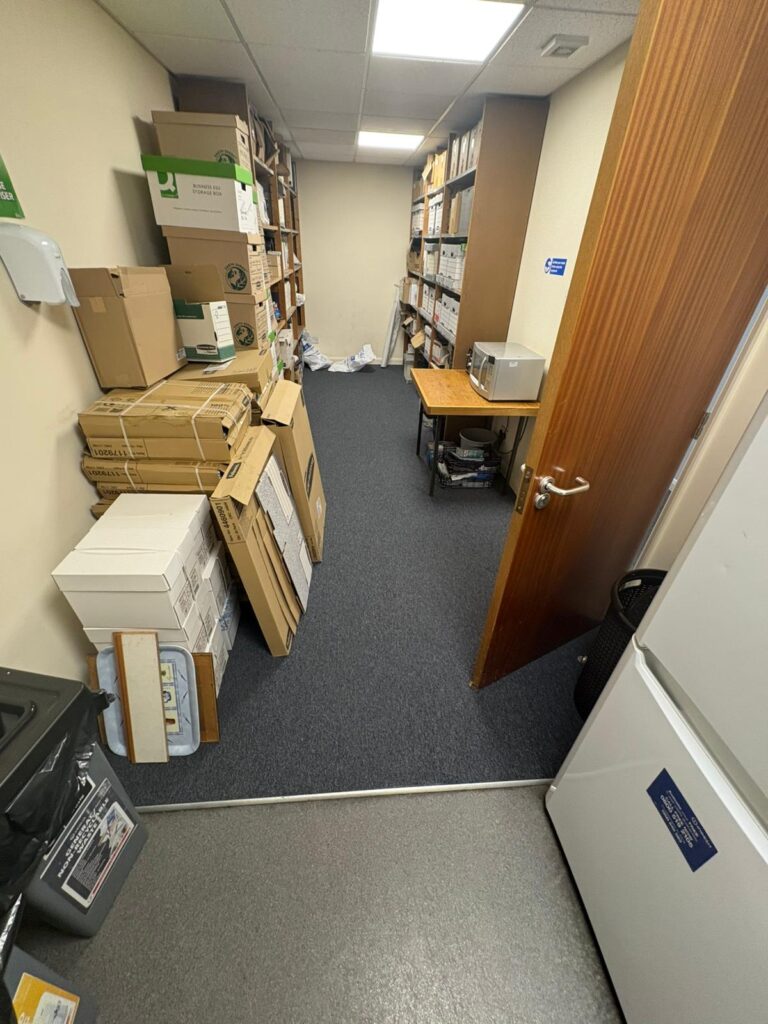 Burmatex carpet tiles fitted through a working office at the Gunn & Moore factory, Nottingham