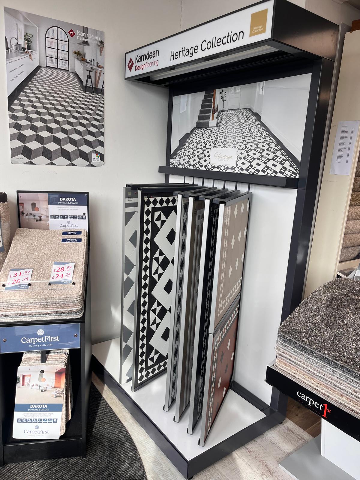 Karndean Heritage Collection with Victorian geometric patterns on display at Carpet Style showroom